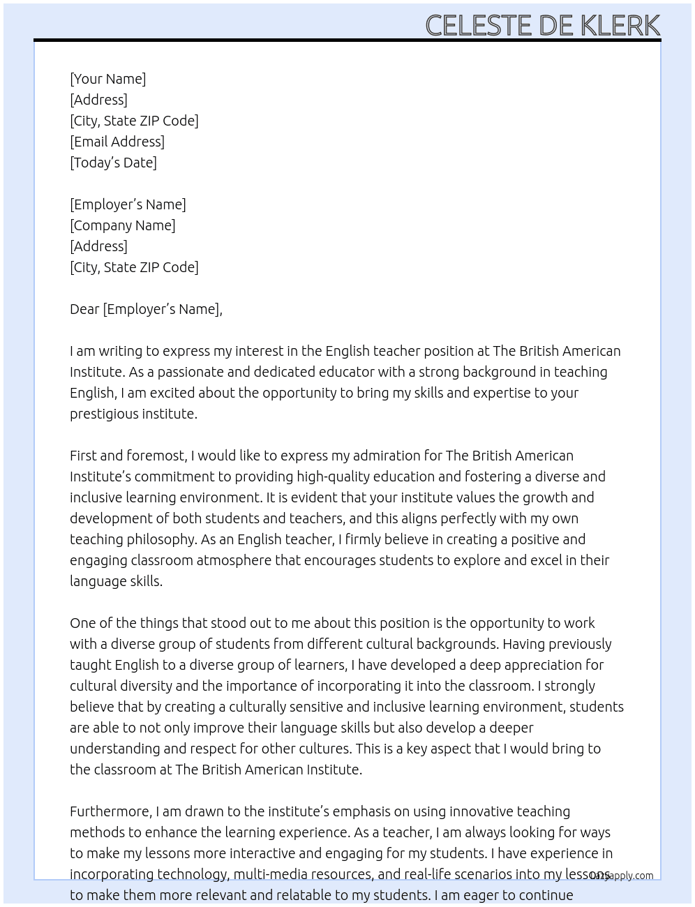 English teacher At The British American Institute Cover Letter