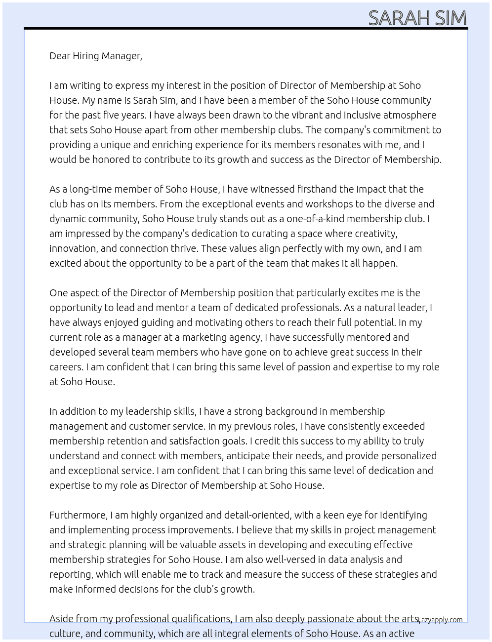Director of Membership At Soho House  Cover Letter
