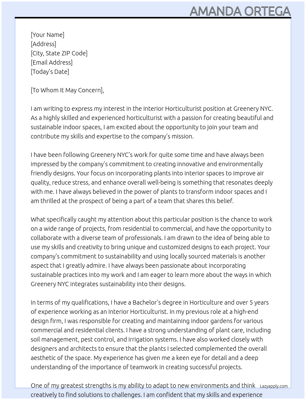 Interior Horticulturist At Greenery NYC Cover Letter