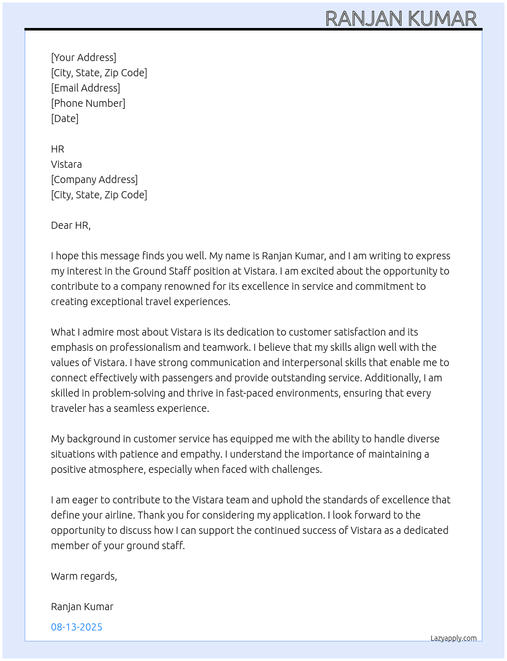 Ground staff  At Vistara  Cover Letter
