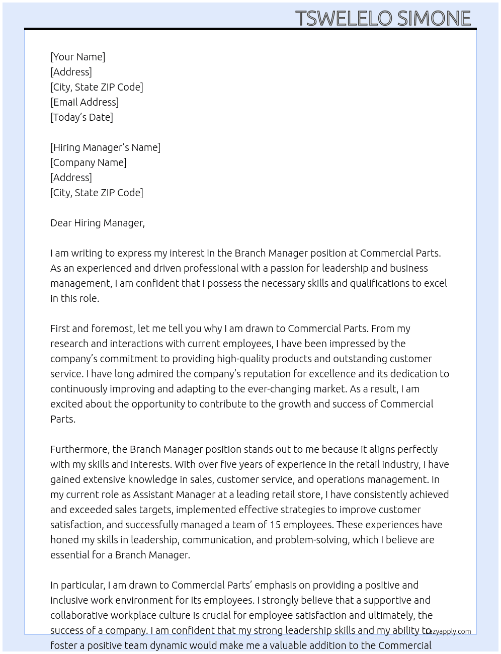 Branch manager  At Commercial parts Cover Letter