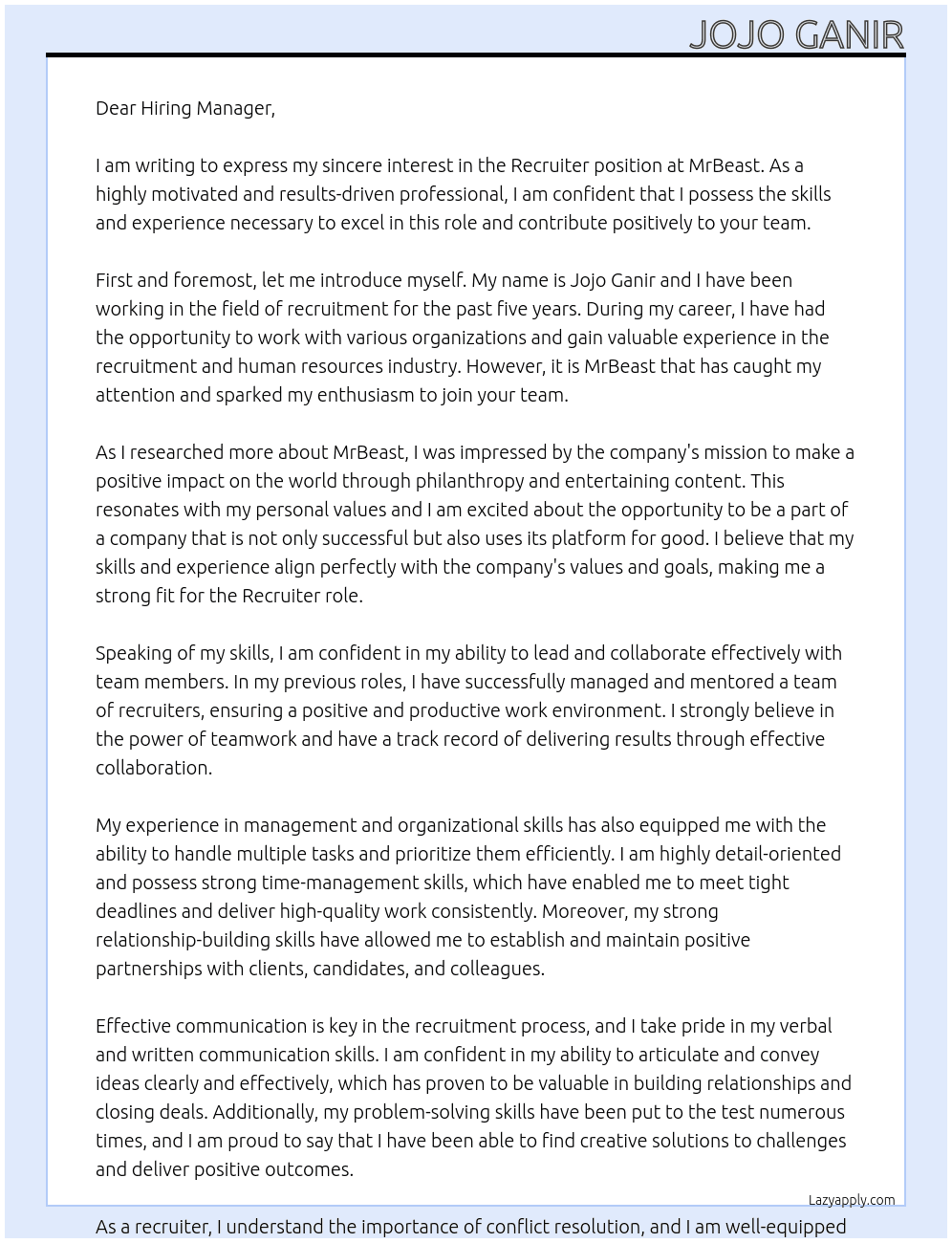 Recruiter At MrBeast Cover Letter