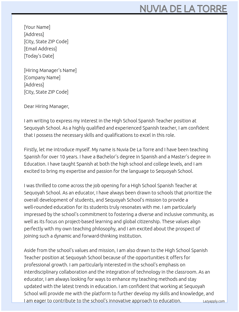 High School Spanish Teacher At Sequoyah School Cover Letter