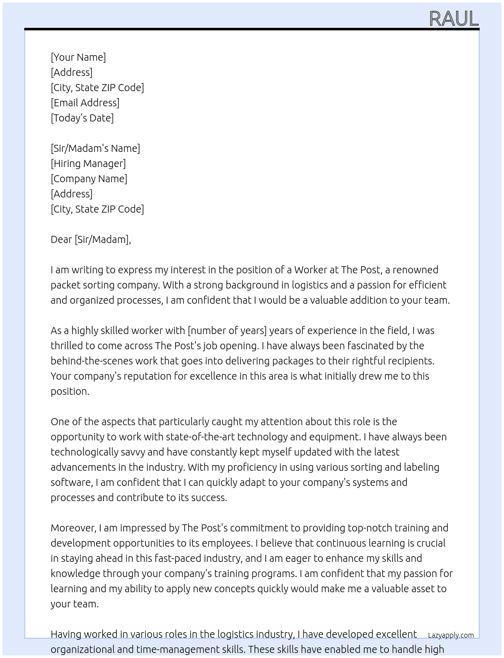 Worker in a packet sorting company At The Post Cover Letter