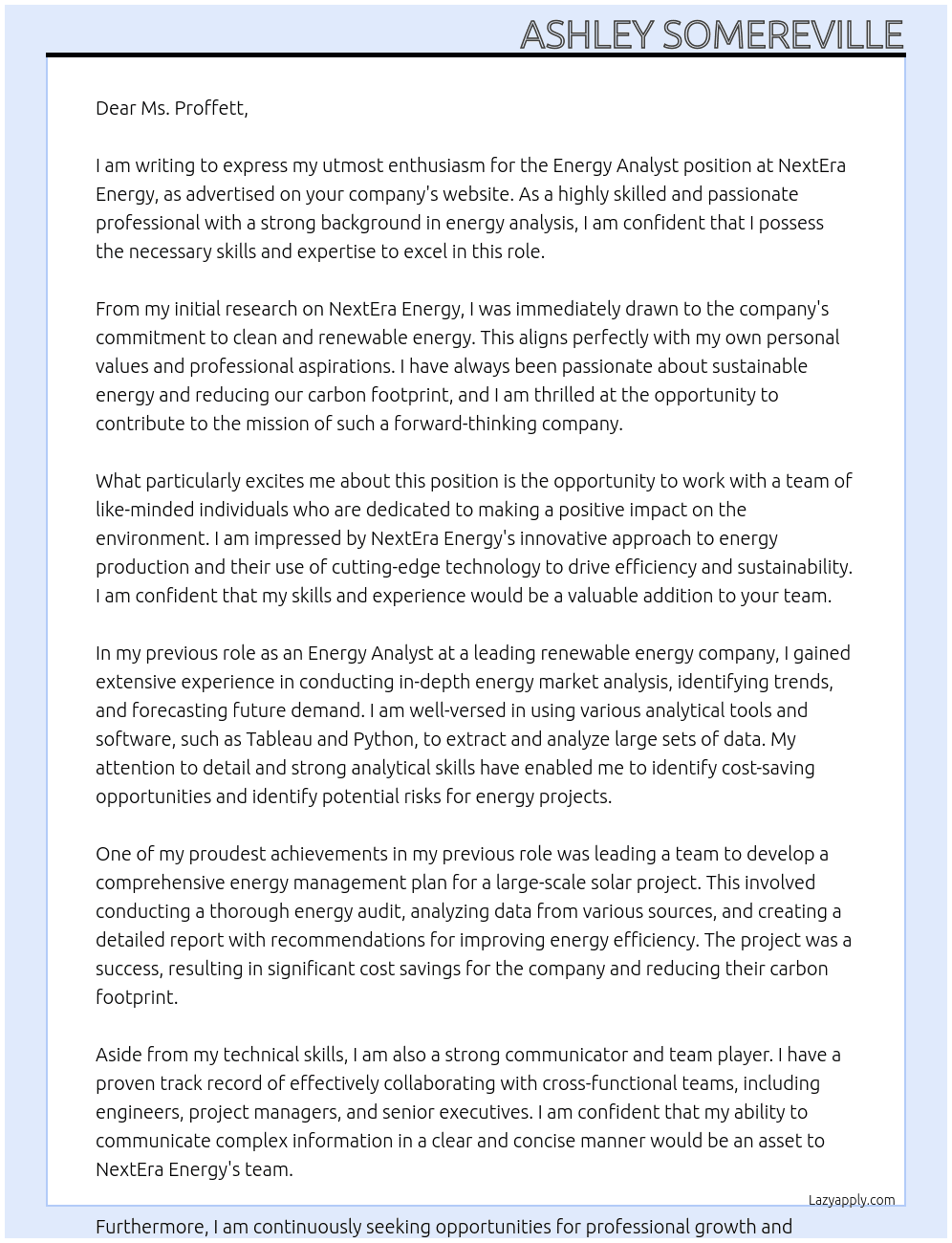Energy Analyst At NextEra Energy Cover Letter