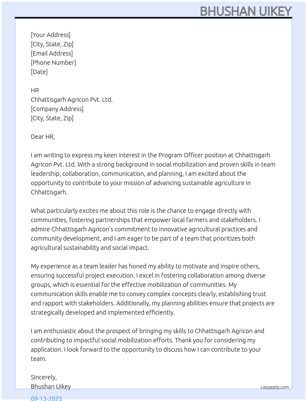 Program officer  At Chattisgarh Agricon Pvt. Ltd. Cover Letter