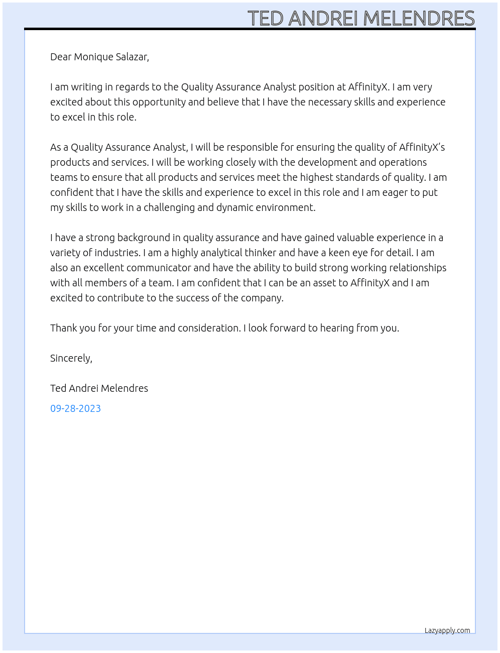 Quality Assurance Analyst At AffinityX Cover Letter