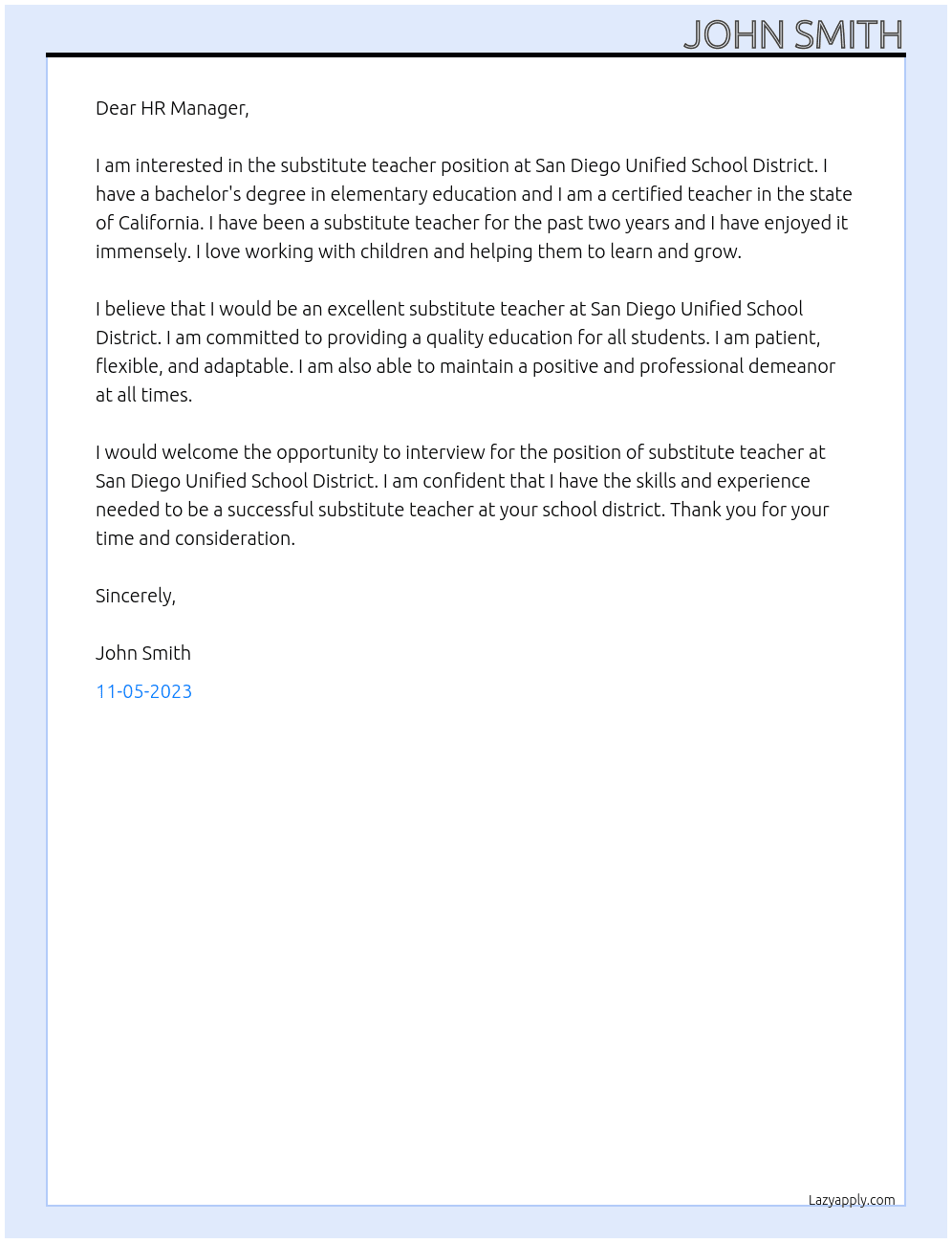 Substitute Teacher At San Diego Unified School District Cover Letter