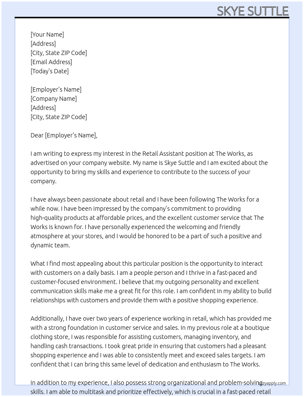 Retail assistant  At The Works Cover Letter
