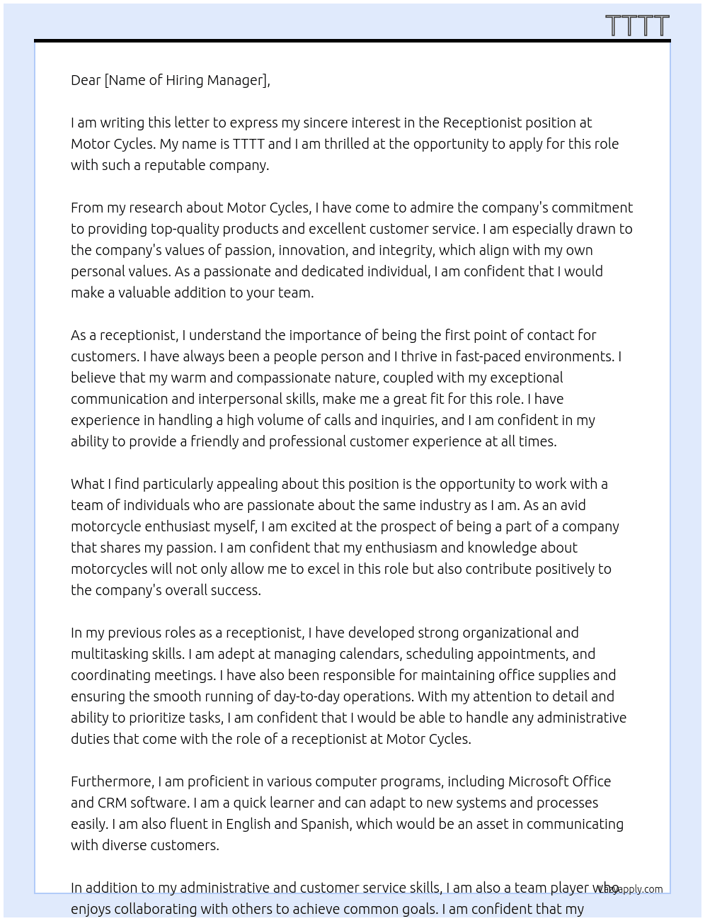 Receptionist At Motor cycles Cover Letter
