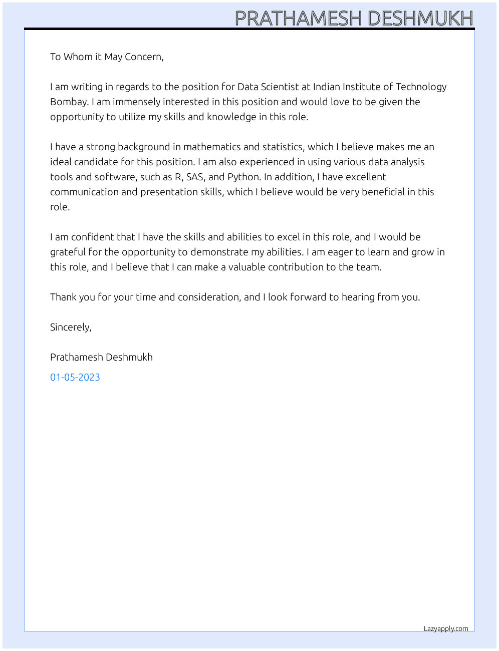 Data Scientist At Indian Institute Of Technology Bombay Cover Letter
