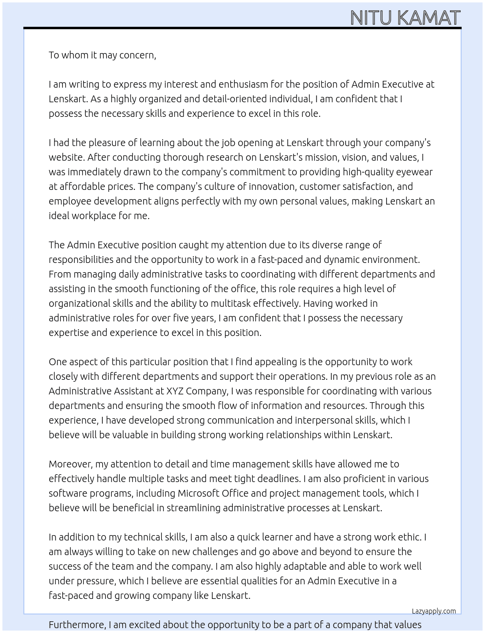 Admin Executive  At Lenskart Cover Letter