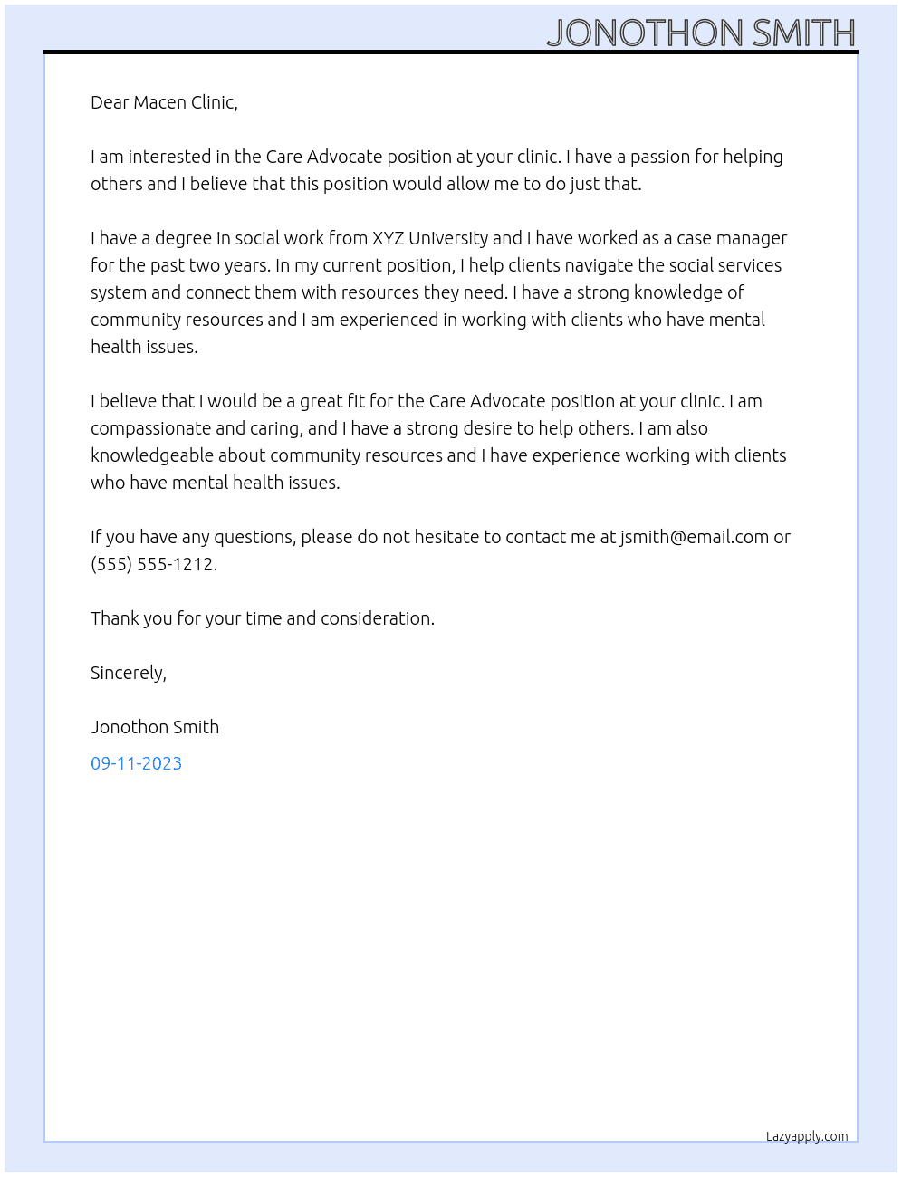 Care Advocate At Macen Clinic Cover Letter