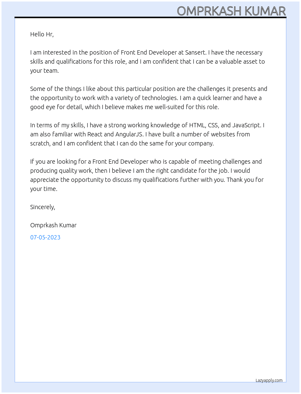 Front End Developer  At Sansert Cover Letter