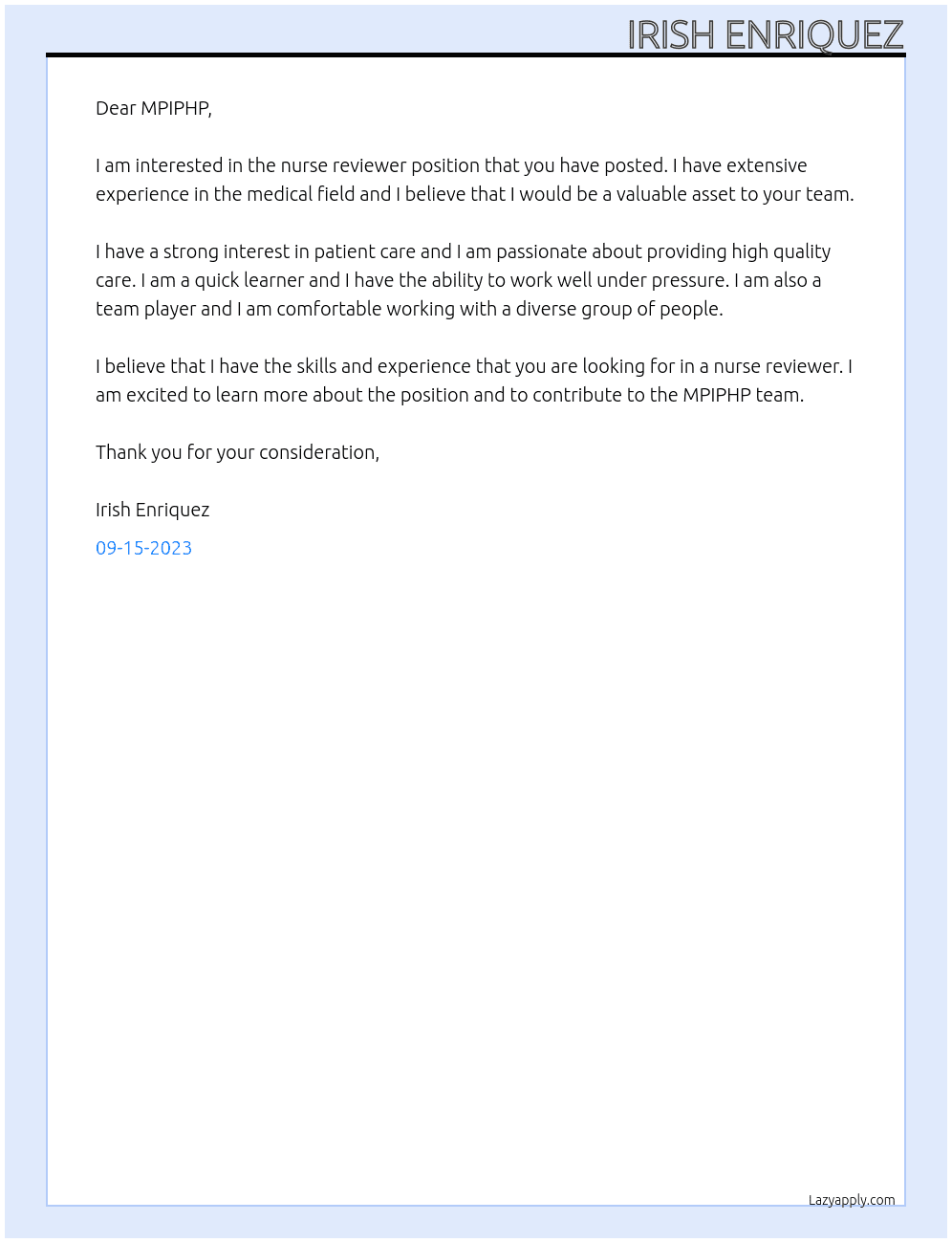 nurse reviewer At MPIPHP Cover Letter