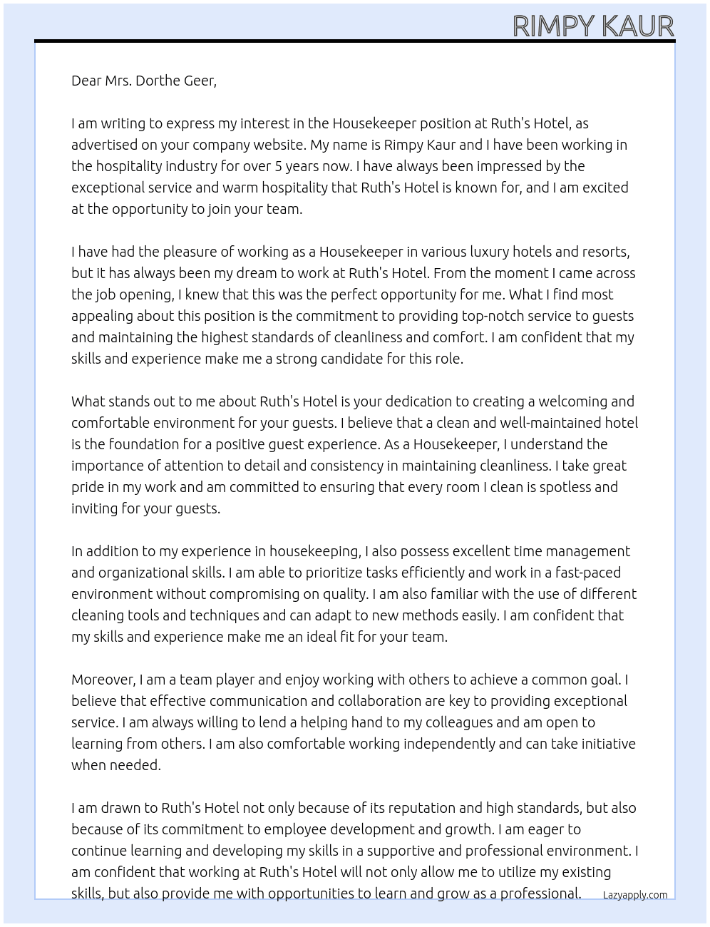 Housekeeper  At Ruth’s Hotel Cover Letter