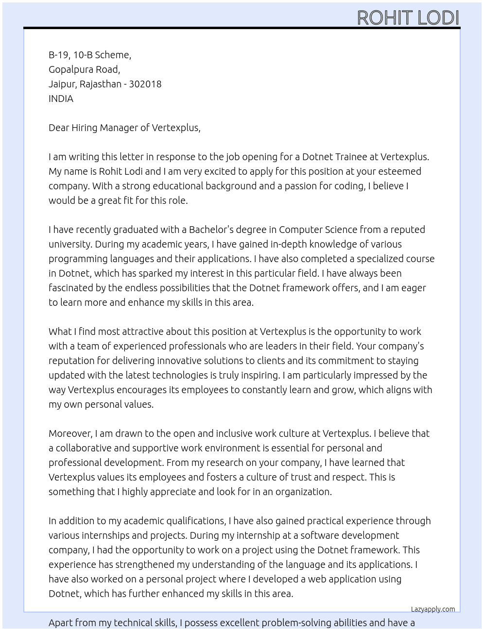 Dotnet traniee  At Vertexplus  Cover Letter