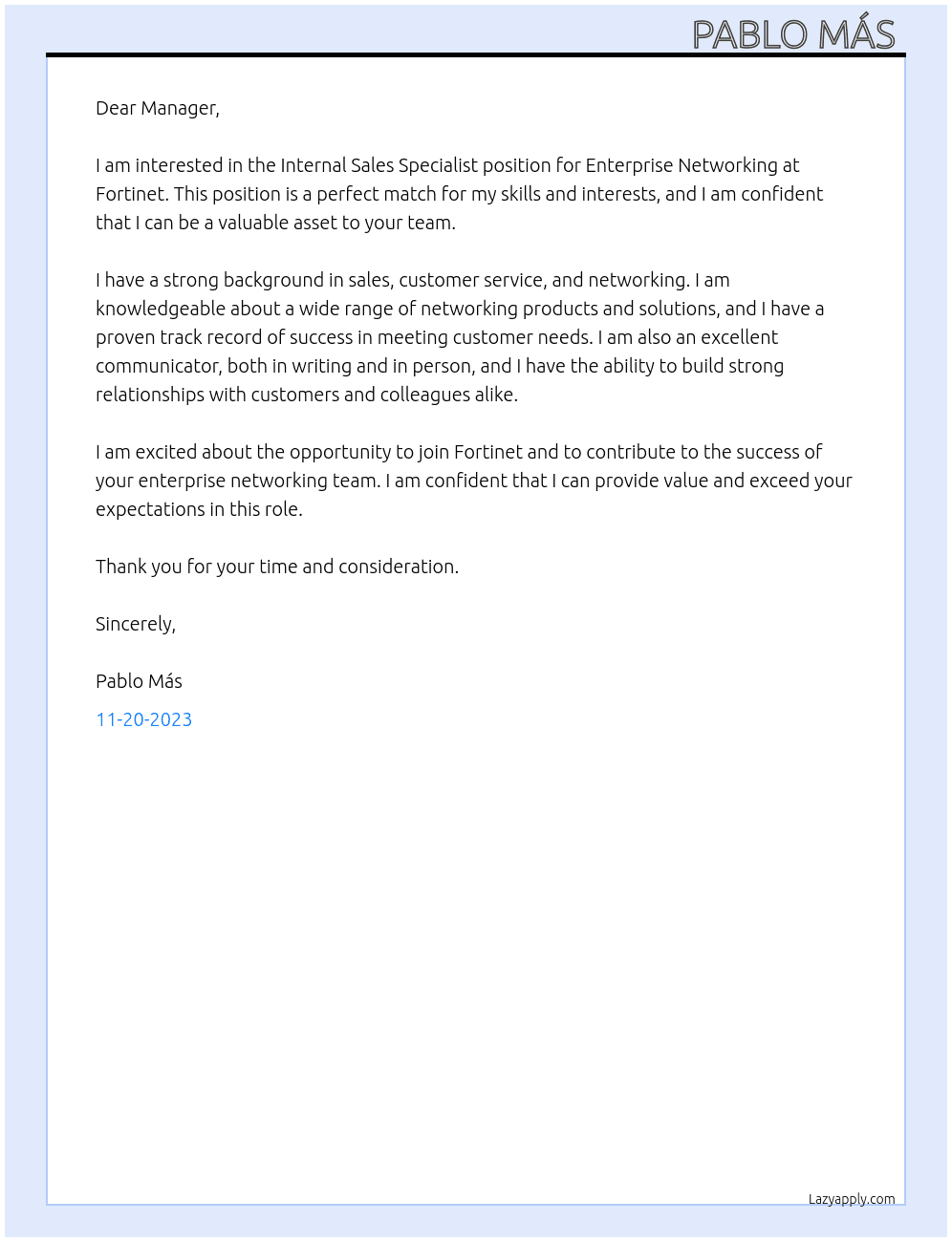 Internal Sales Specialist Ent. Networking At Fortinet Cover Letter