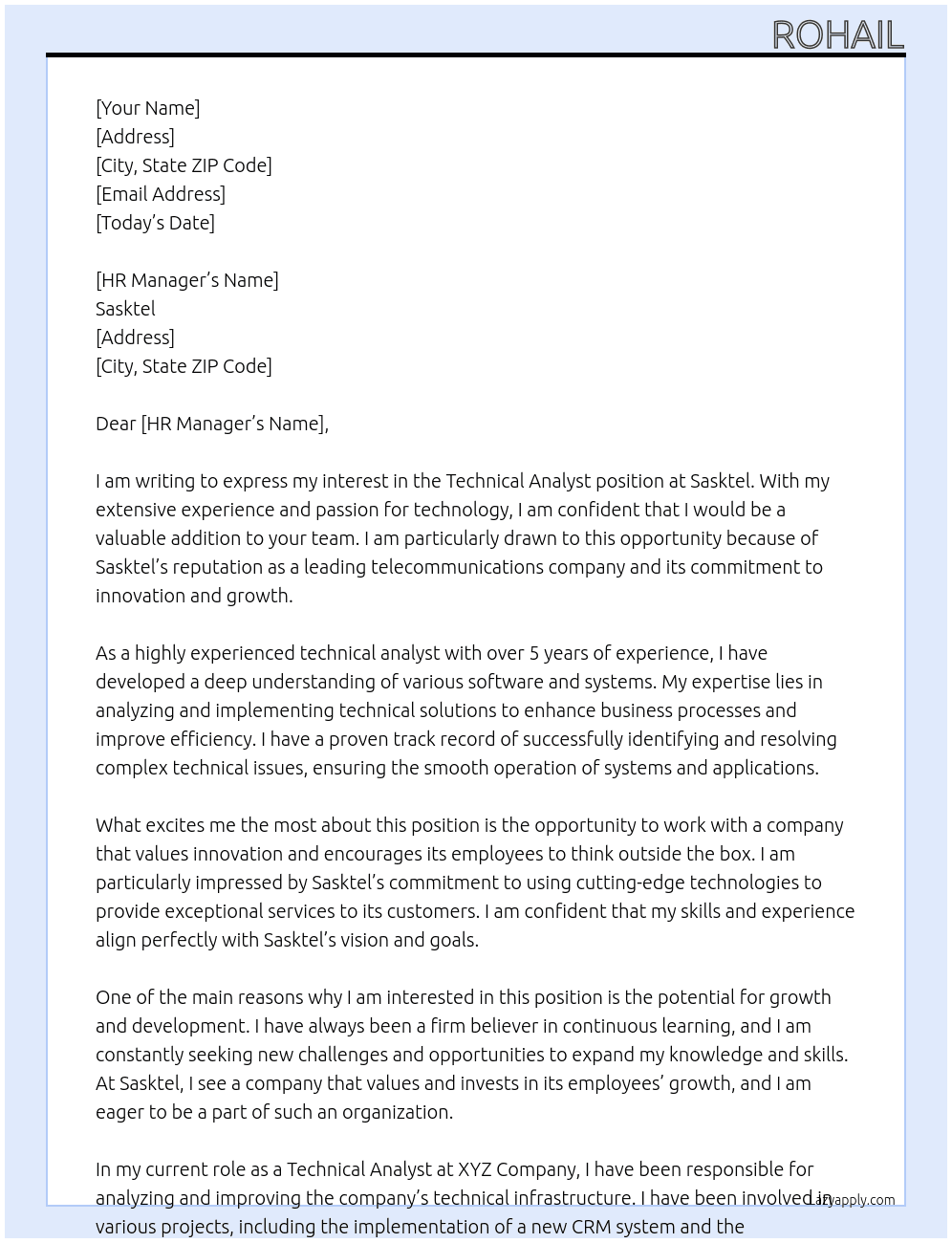 Technical Analyst At Sasktel Cover Letter