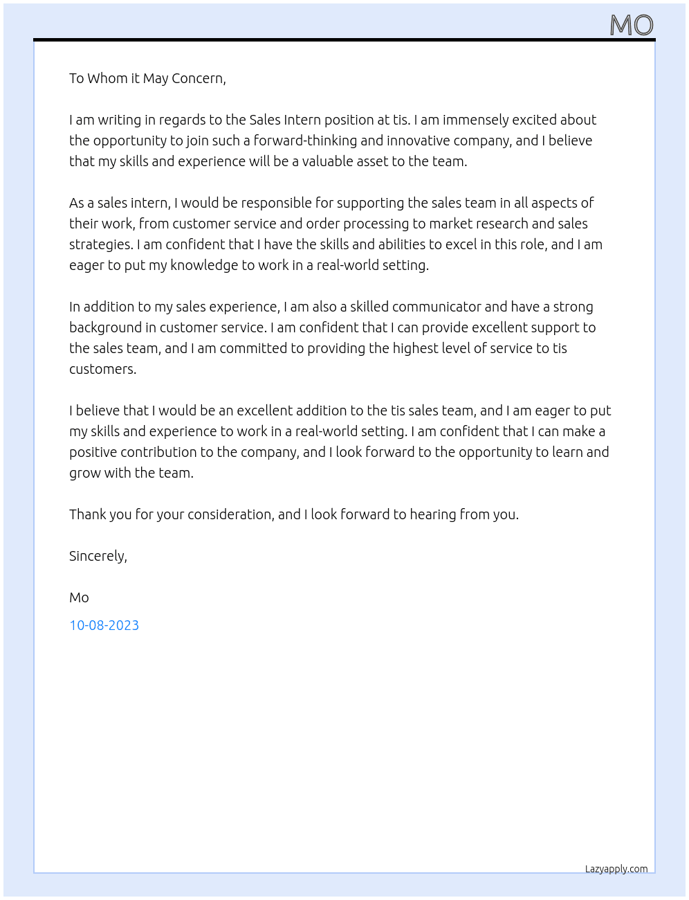 SALES INTERN At tis Cover Letter