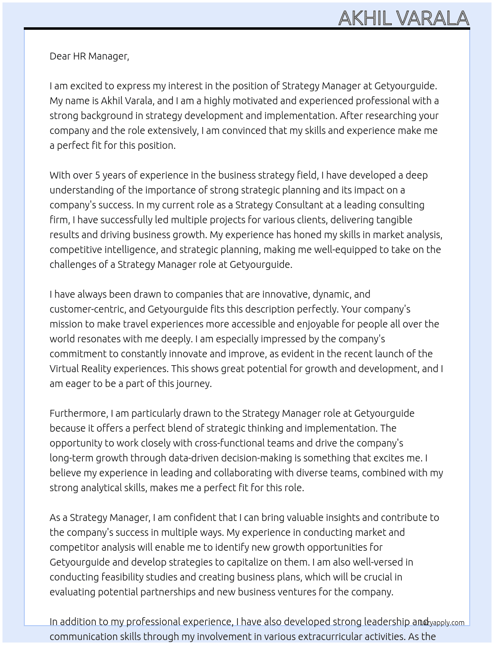 Strategy manager At Getyourguide Cover Letter