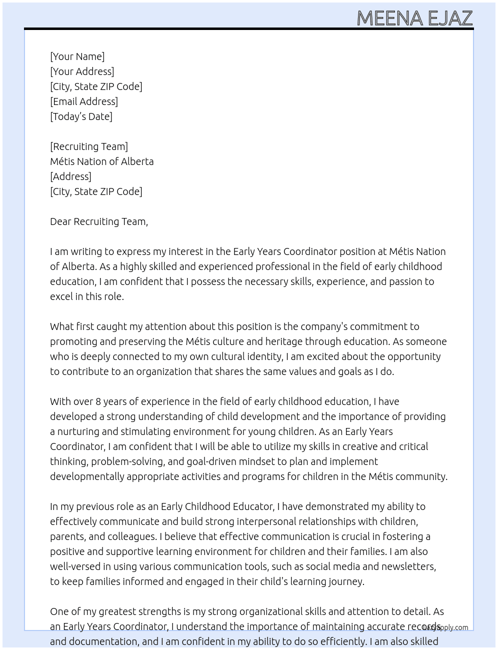 Early Years Coordinator At Métis Nation of Alberta Cover Letter