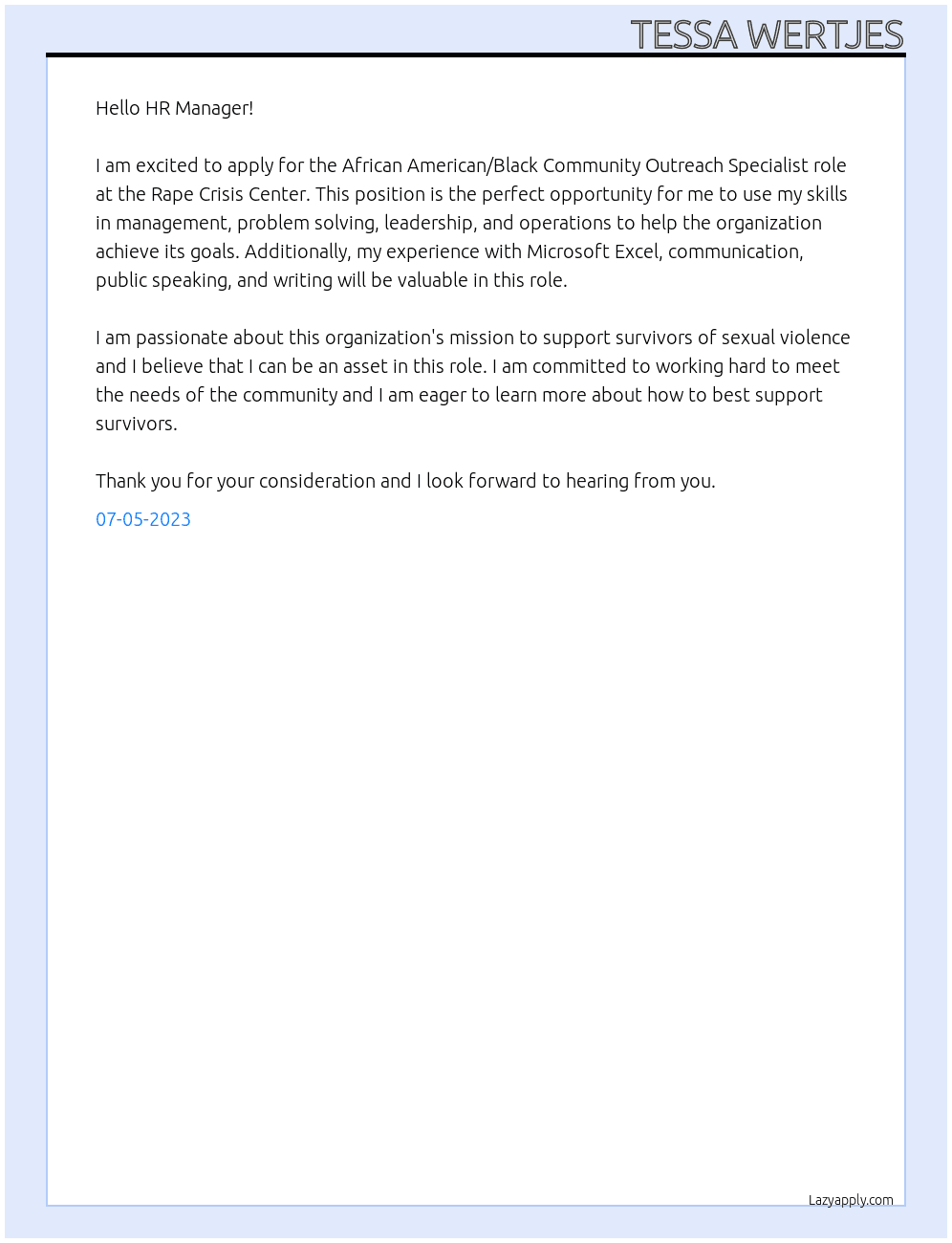African American/Black Community Outreach Specialist At Rape Crisis Center Cover Letter