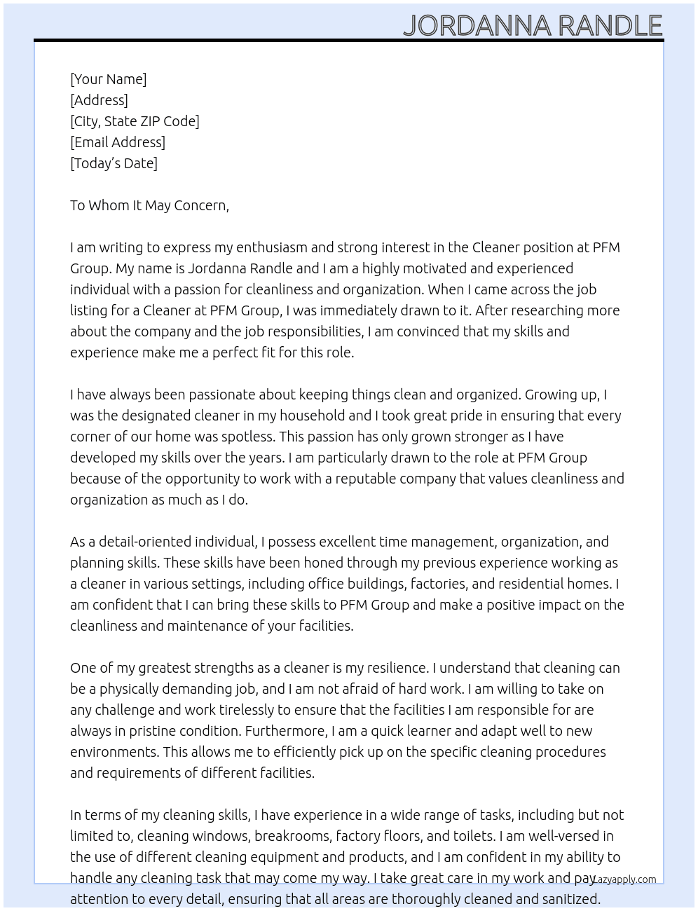 Cleaner At PFM group Cover Letter