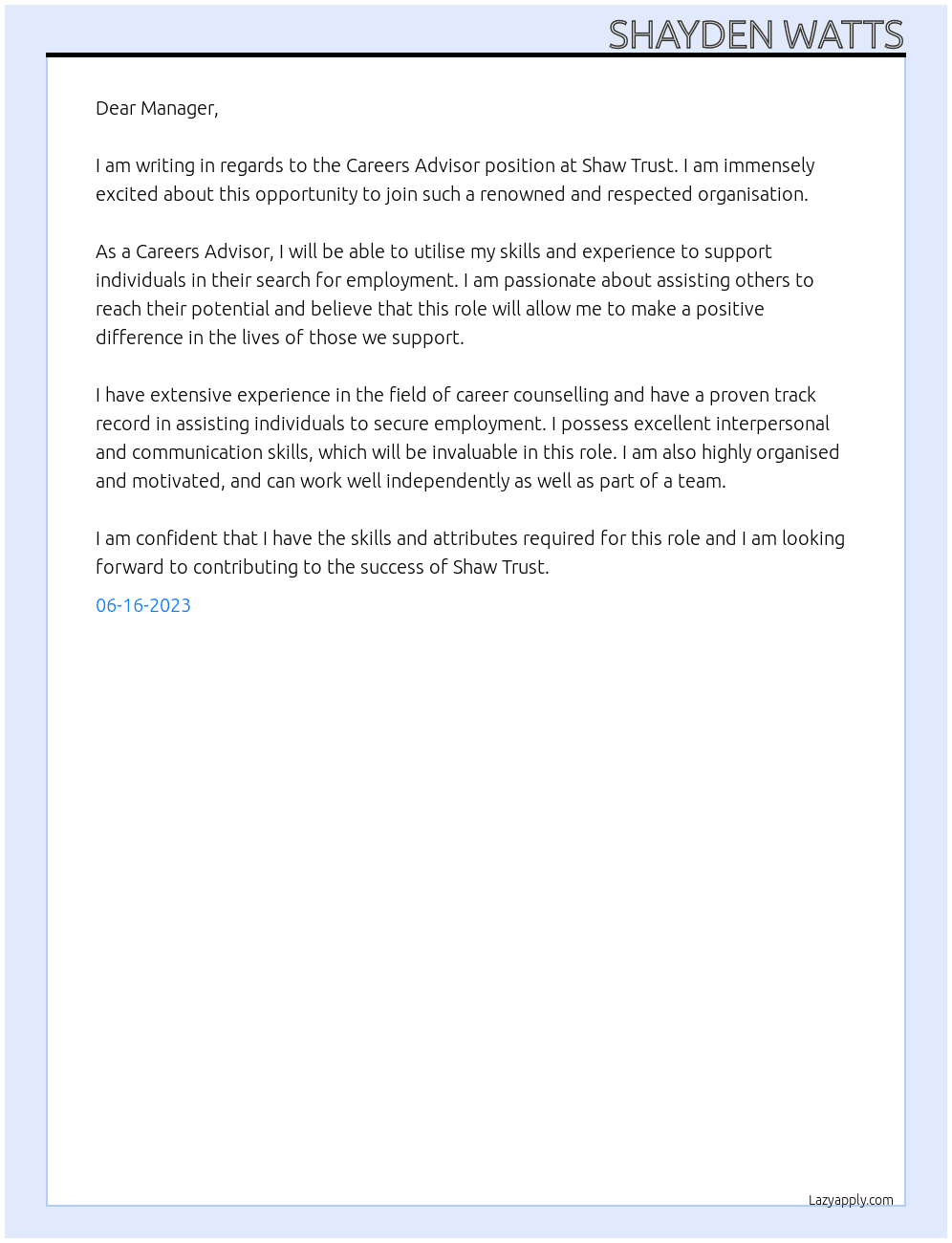 Careers Advisor At Shaw Trust Cover Letter