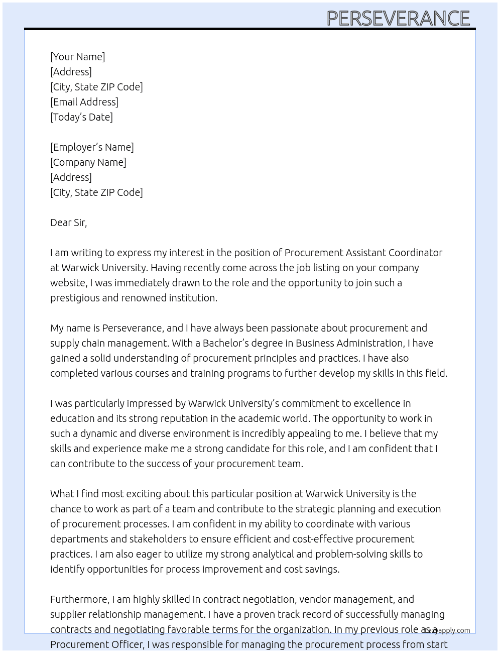 procurement assistant coordinator At Warwick University Cover Letter