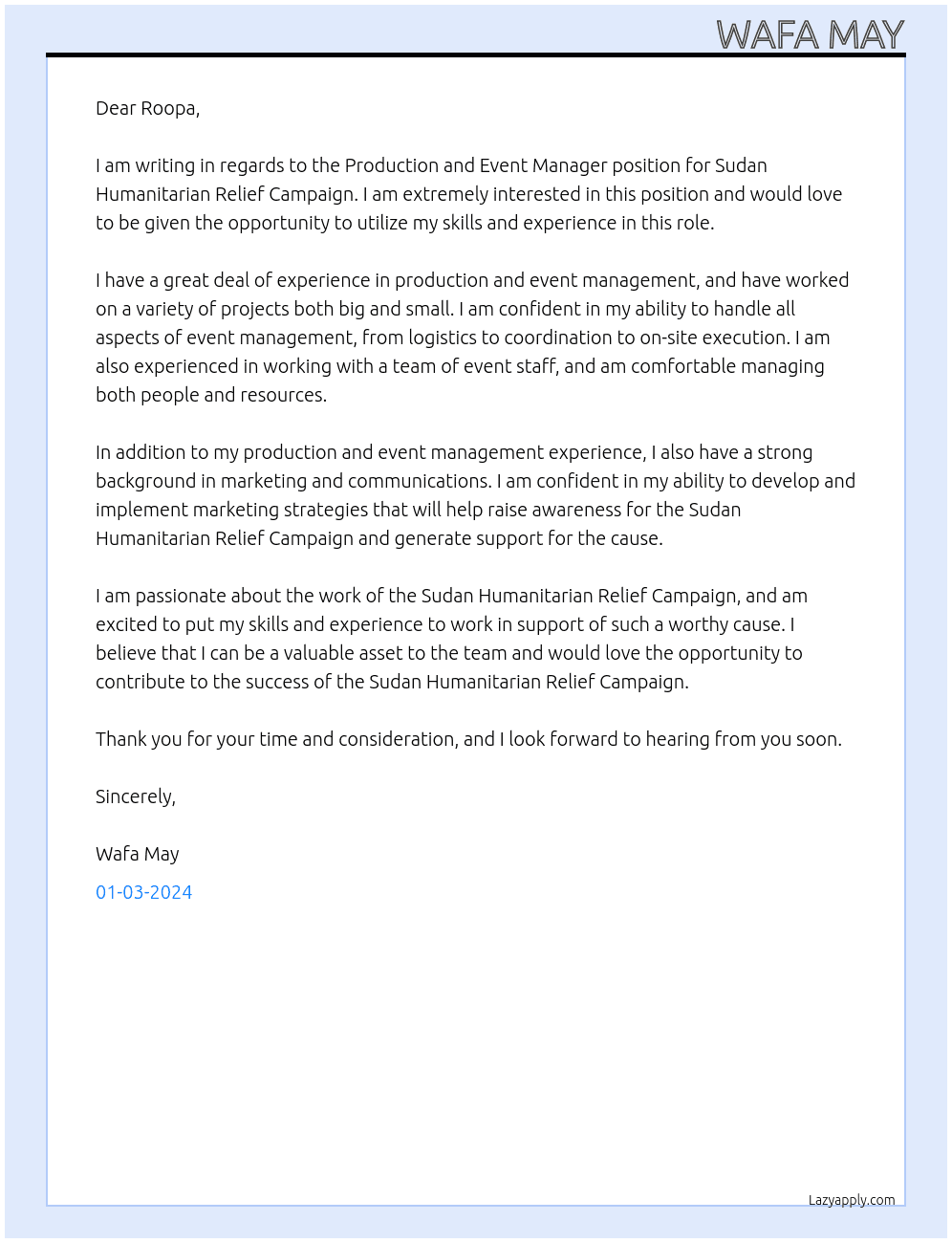 Production and Event Manager for Sudan Humanitarian Relief Campaign At Giza  Group Cover Letter