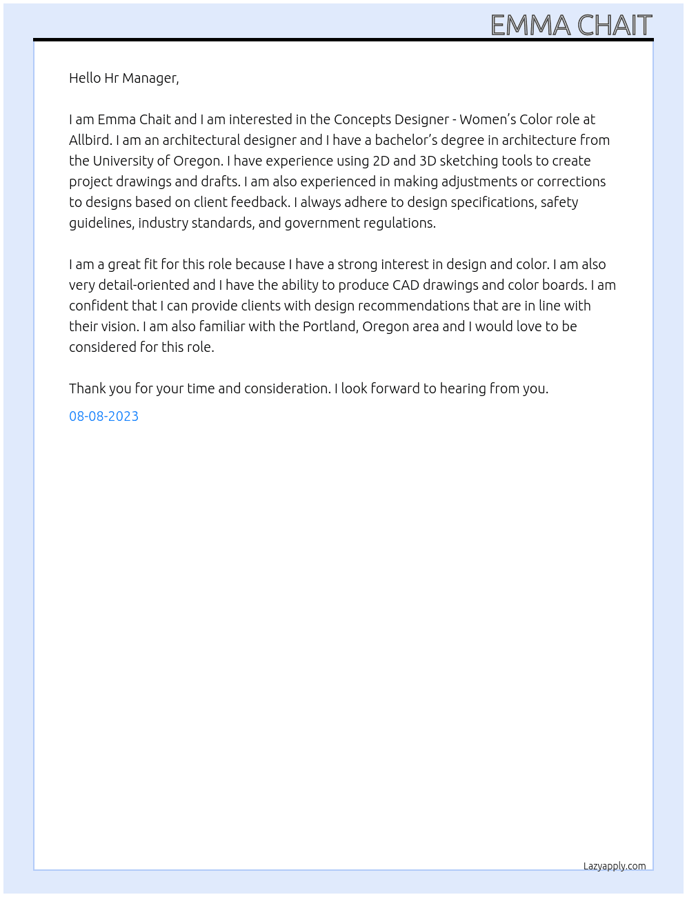 CONCEPTS DESIGNER - WOMEN’S COLOR At Allbird Cover Letter