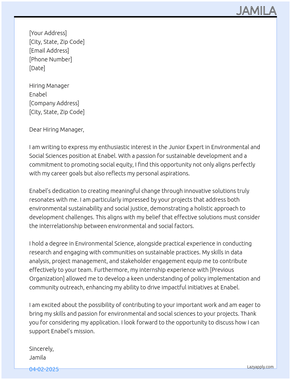 Junior Expert in Environmental and Social Sciences At Enabel Cover Letter