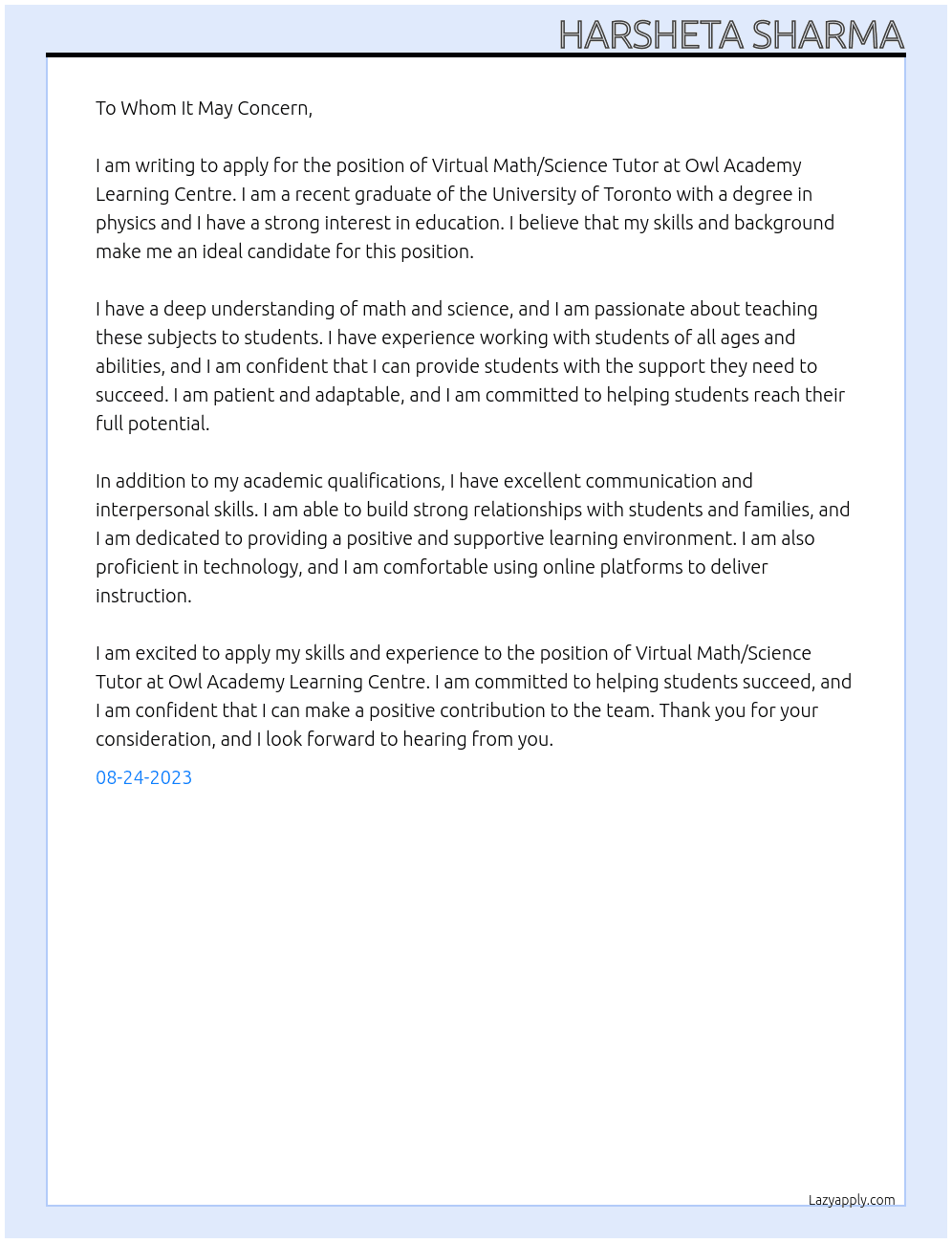 Virtual Math/Science Tutor At Owl Academy Learning Centre Cover Letter