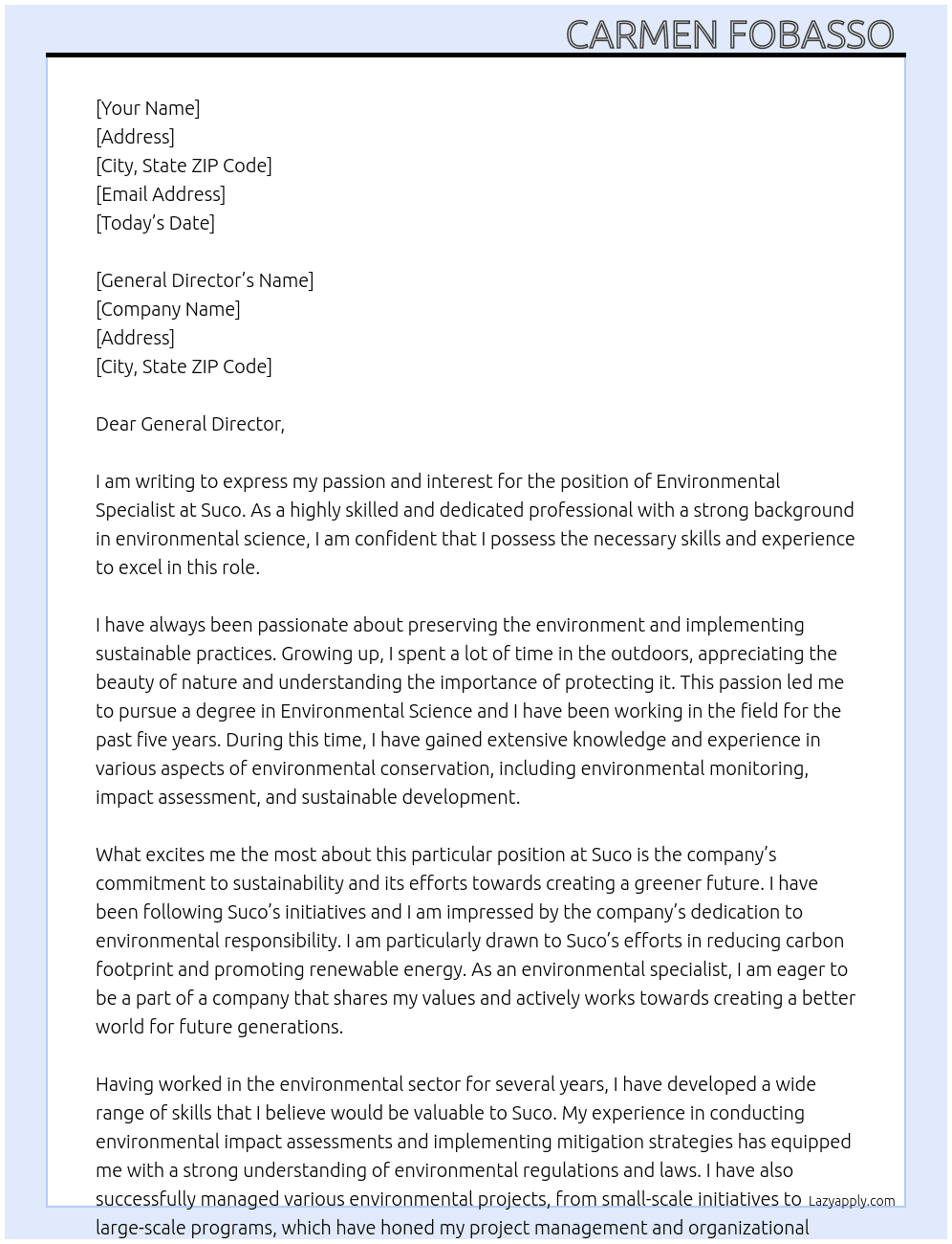 Environmental specialist  At Suco Cover Letter