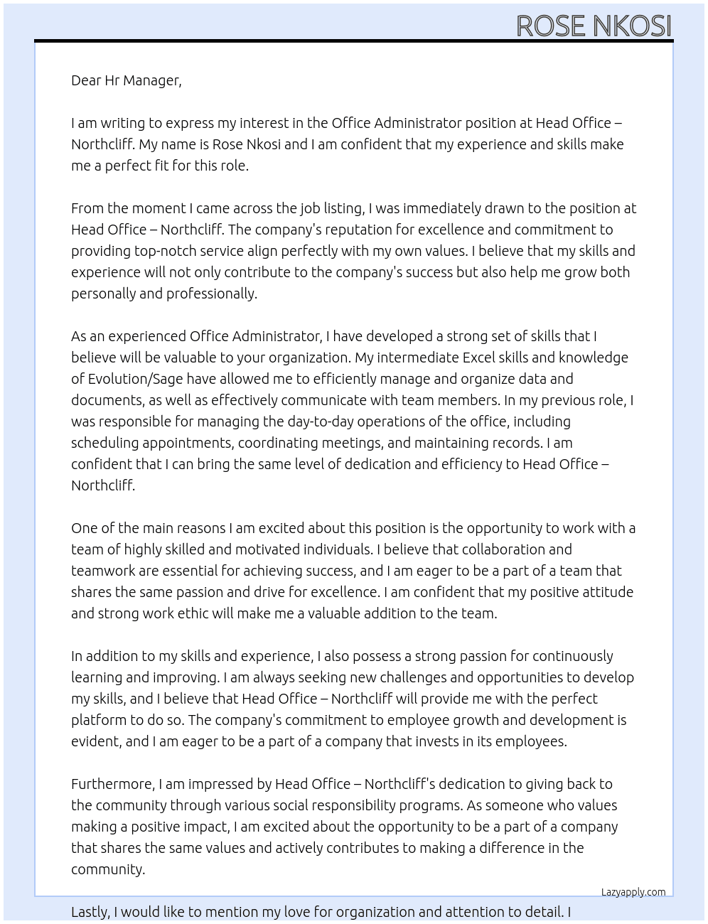 Office Administrator At  head Office – Northcliff. Cover Letter