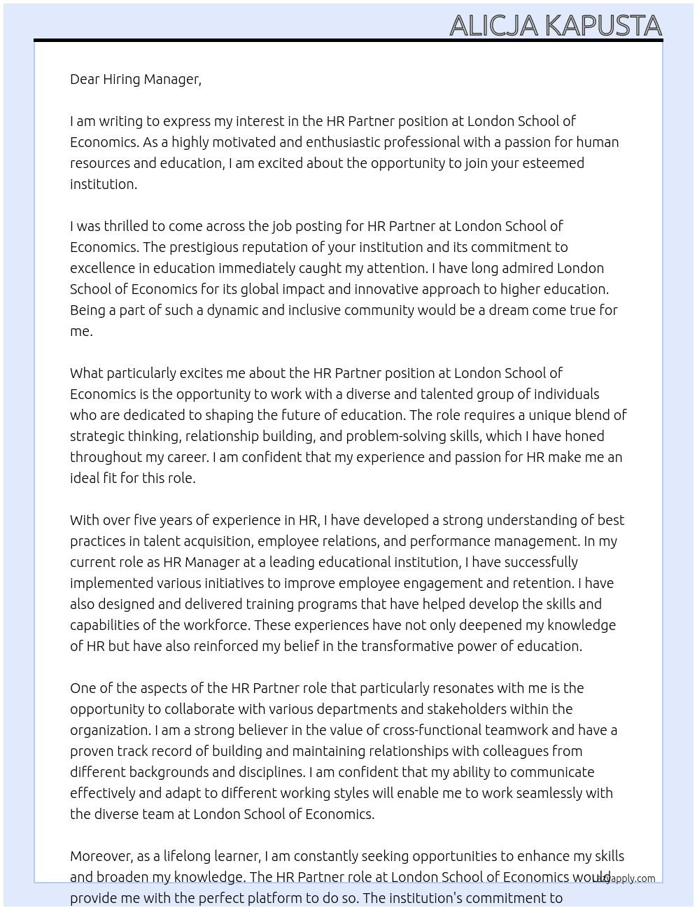 HR Partner At London school of economics Cover Letter
