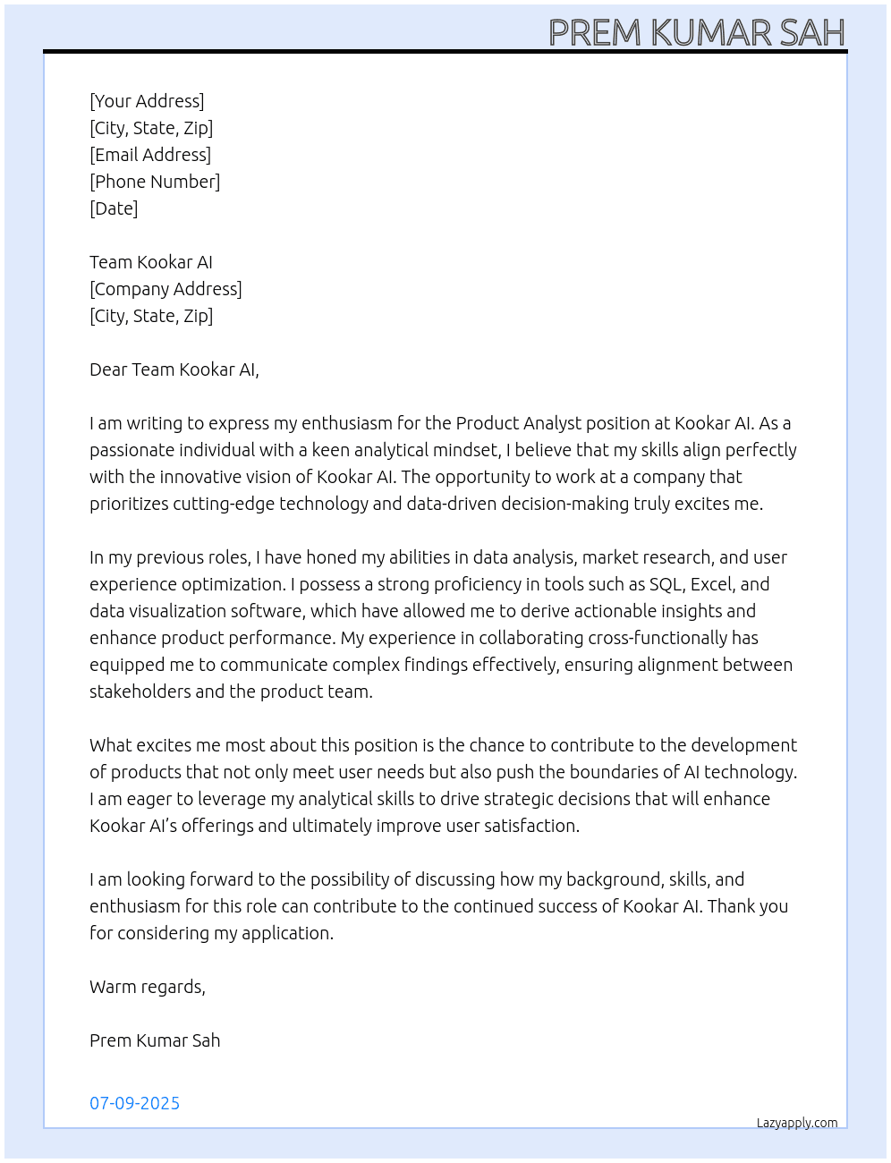 Product analysis At Kookar AI Cover Letter