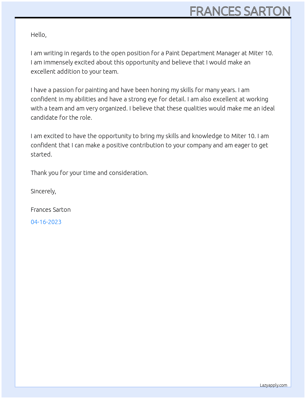 paint department  At Miter 10  Cover Letter