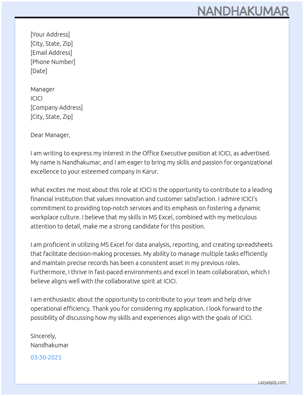 Office executive  At ICICI  Cover Letter