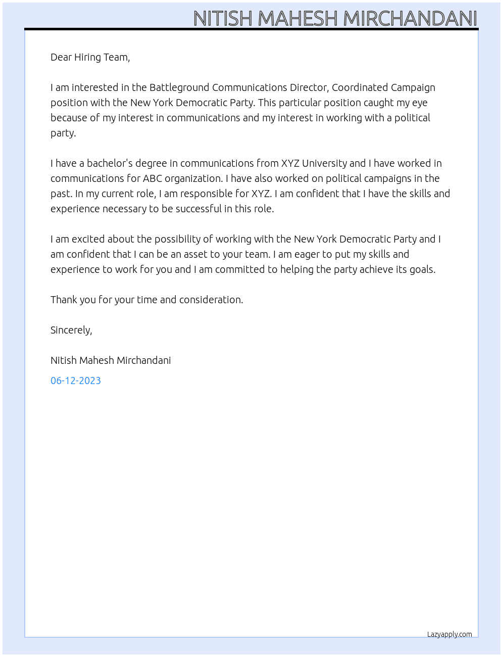 Battleground Communications Director, Coordinated Campaign At New York Democratic Party Cover Letter