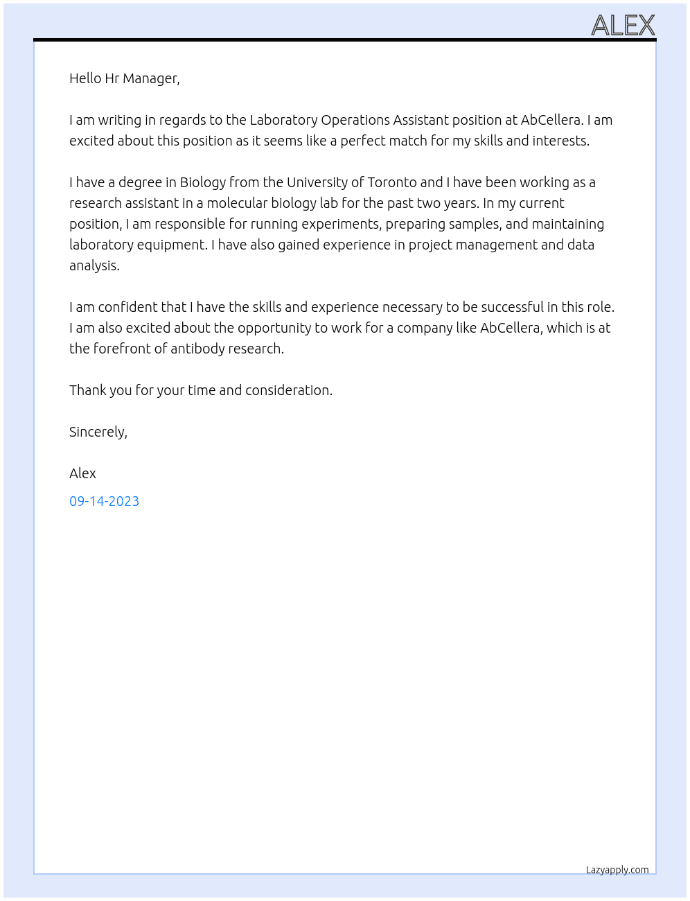 Laboratory Operations Assistant At AbCellera Cover Letter