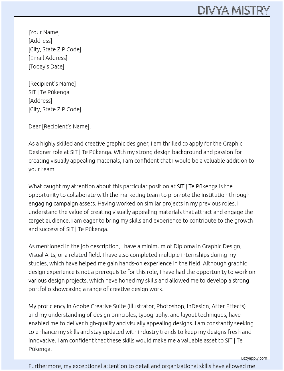 Graphic Designer At SIT | Te Pūkenga Cover Letter