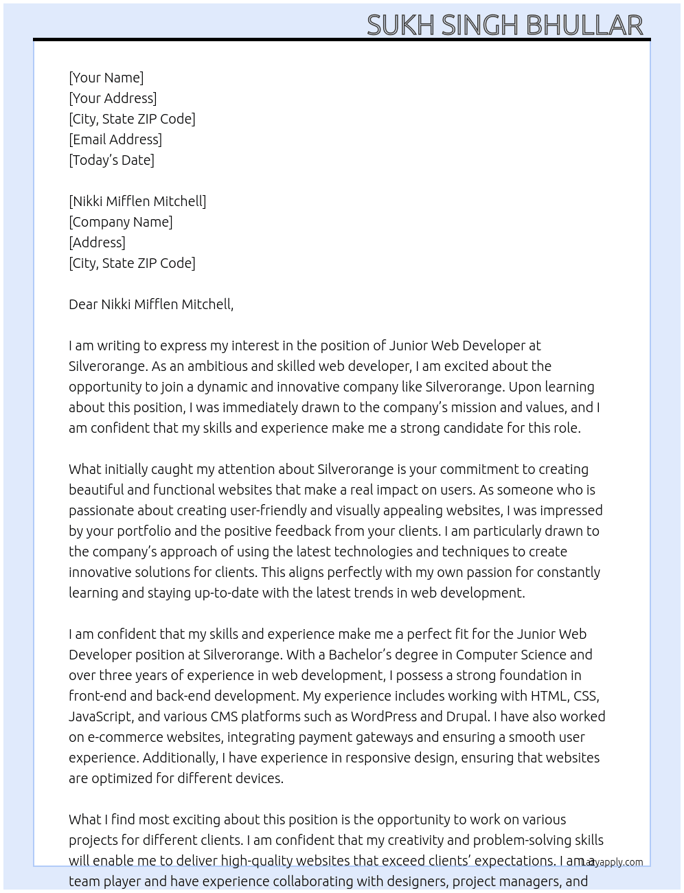 Junior web developer  At Silverorange Cover Letter