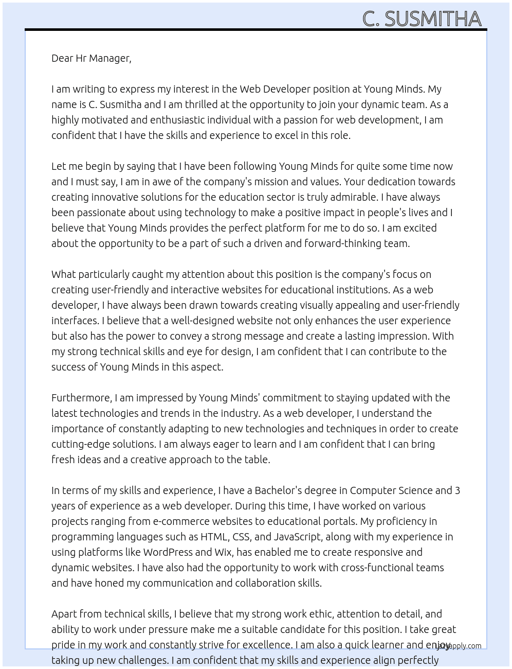 Web developer  At Young Minds  Cover Letter