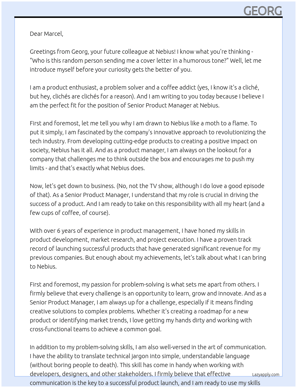 Senior Product Manager At Nebius Cover Letter