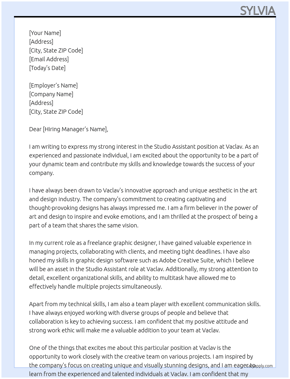 studio assistant  At vaclav Cover Letter