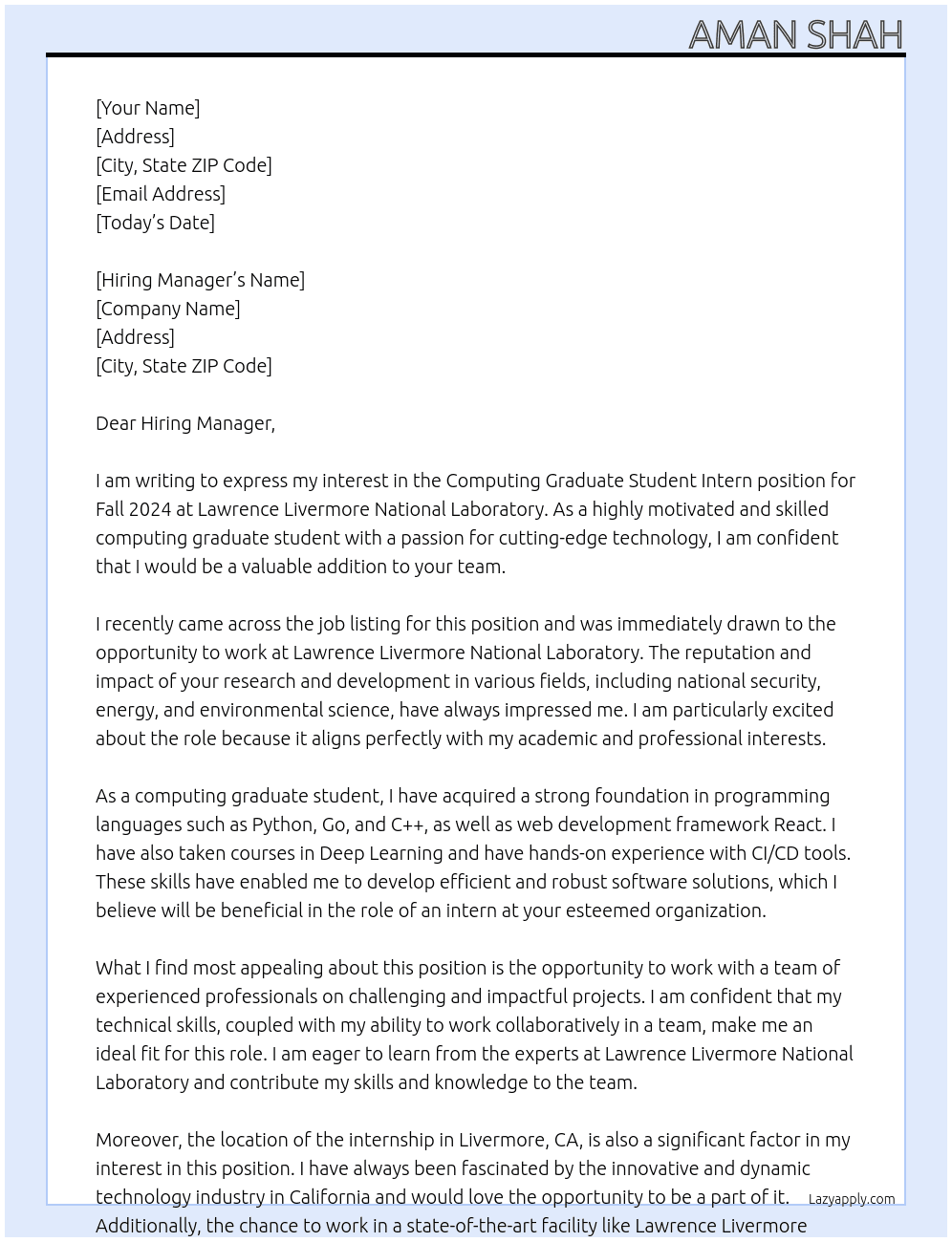 Computing Graduate Student Intern - Fall 2024 At Lawrence Livermore National Laboratory Cover Letter