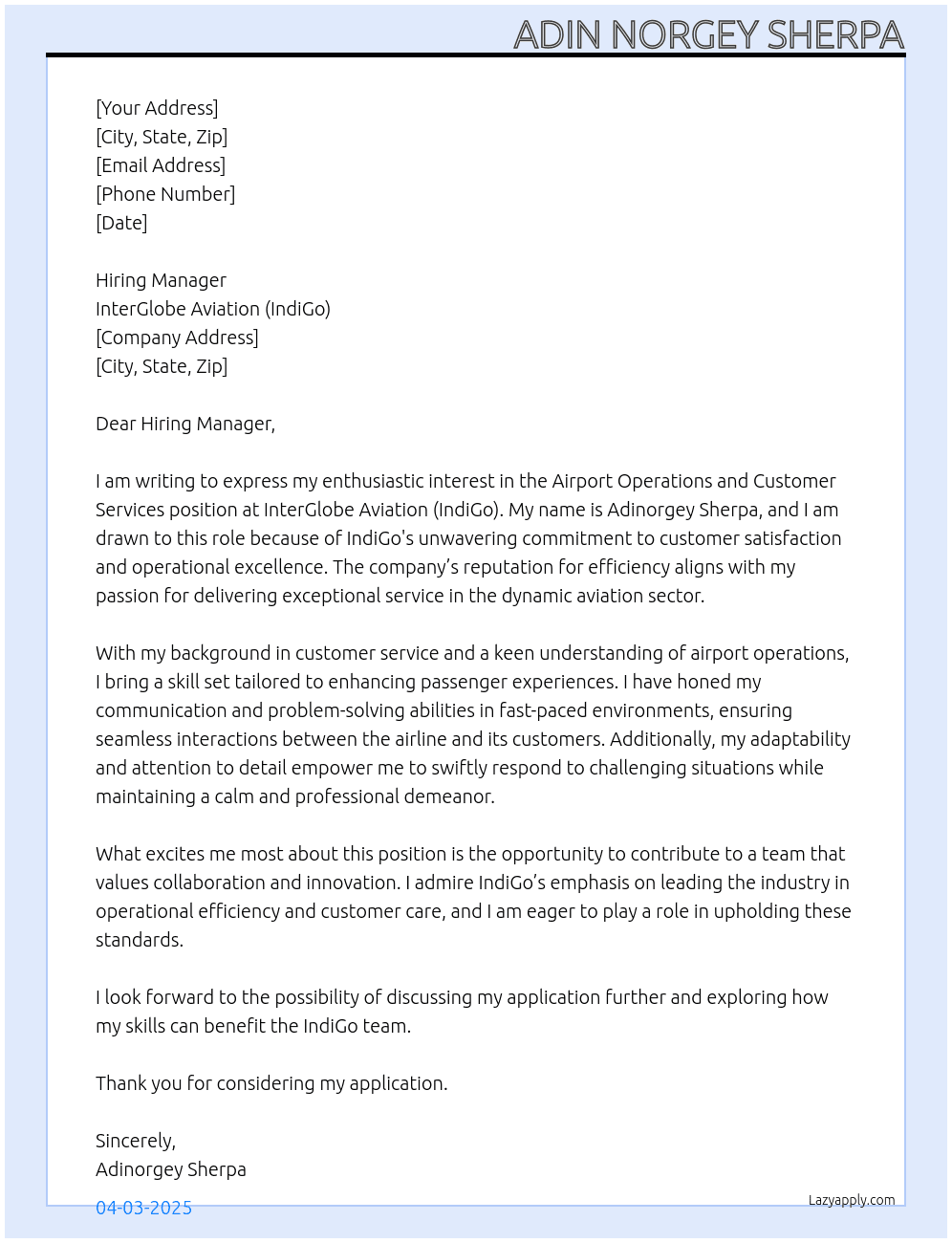 Cover letter for airport operations and customer services - LazyApply