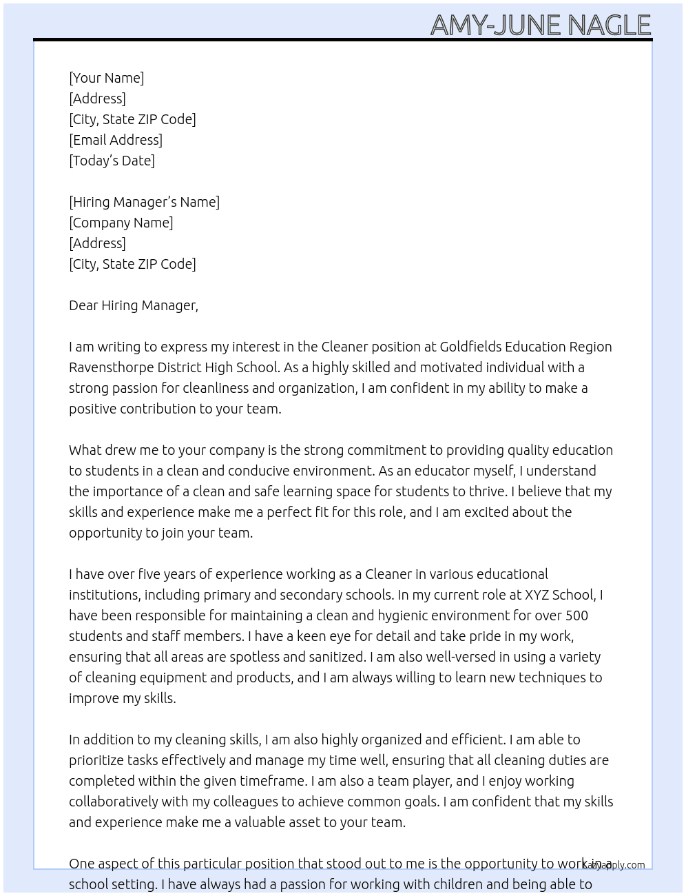 Cleaner At Goldfields Education Region Ravensthorpe District High School Cover Letter